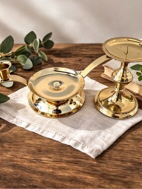 Brass Candle Holder Set Candelabra + Pedestal Vintage Style Gold Decor India